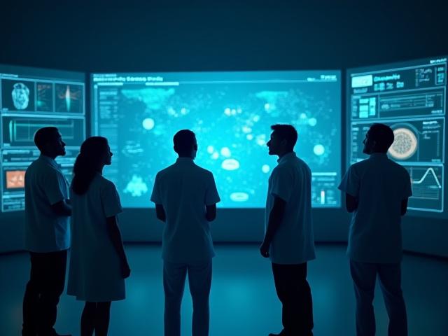 A diverse medical team collaborating in a modern hospital setting, with data graphs and secure network overlays subtly indicating digital security and collaboration.