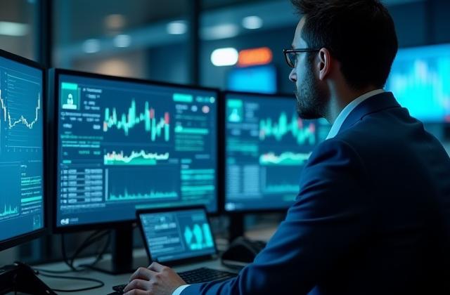 Financial expert analyzing market data on multiple secure screens