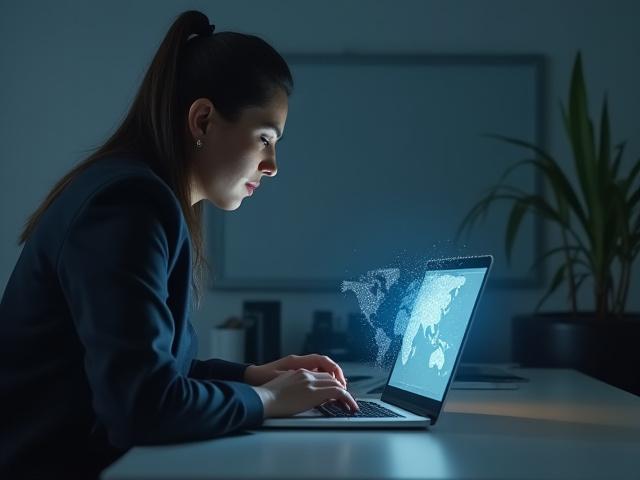 Journalist typing on a laptop in a secure, discreet environment